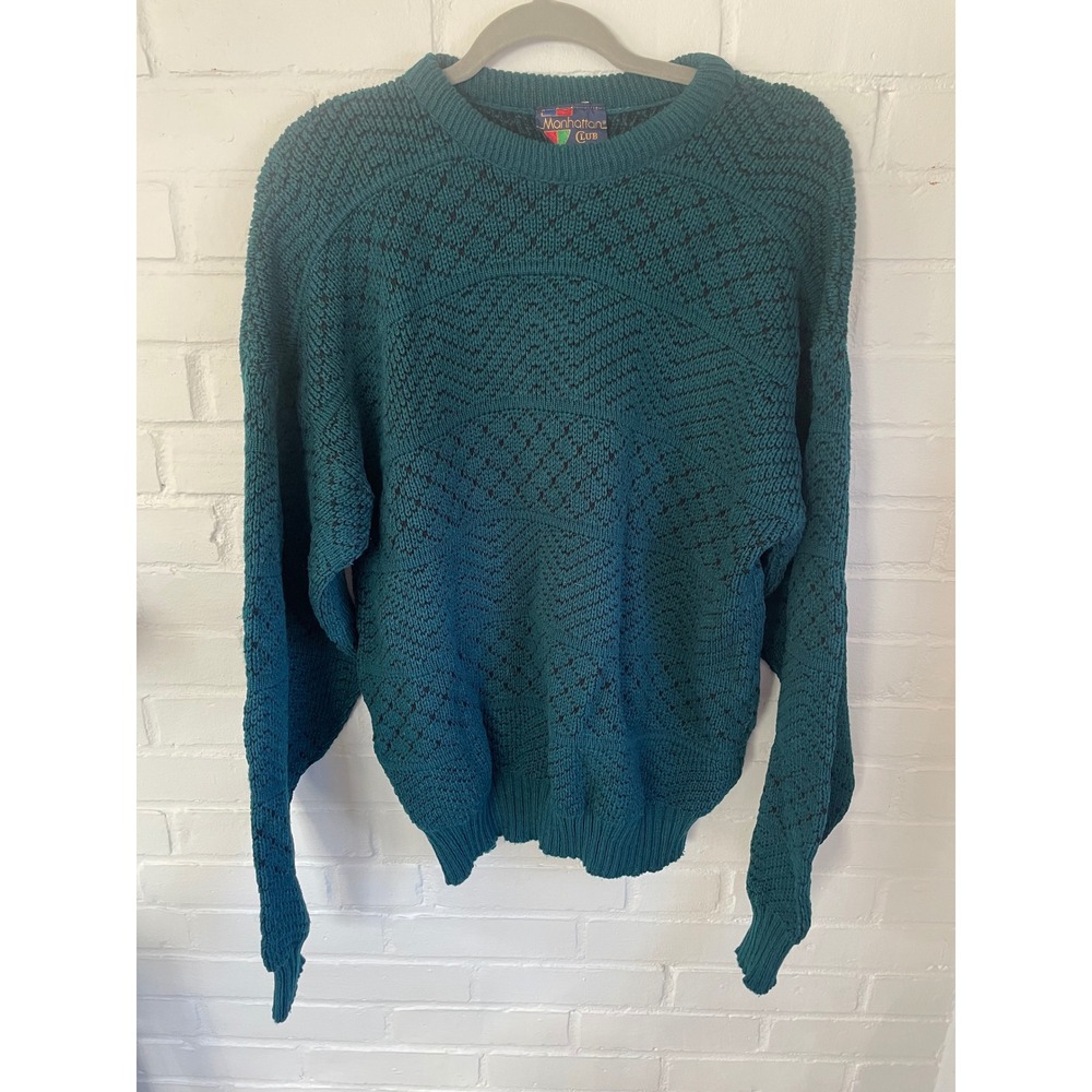 Vintage 90s Mens Manhattan Club Teal Black Crew Neck Geometric‎ Knit Sweater XL